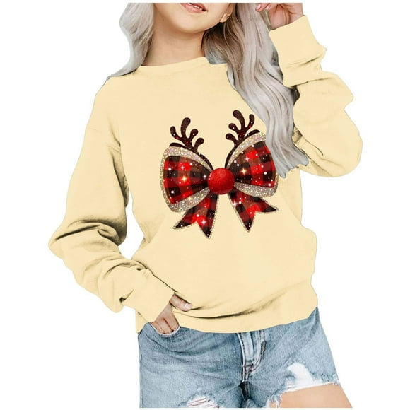 2025 Kid's Christmas Sweatshirt Crewneck Pullover Sweater Long Sleeve Shirt Fall Clothes Printed Top T-Shirt for Boys and Girls Sweatshirts 1-12Y Khaki