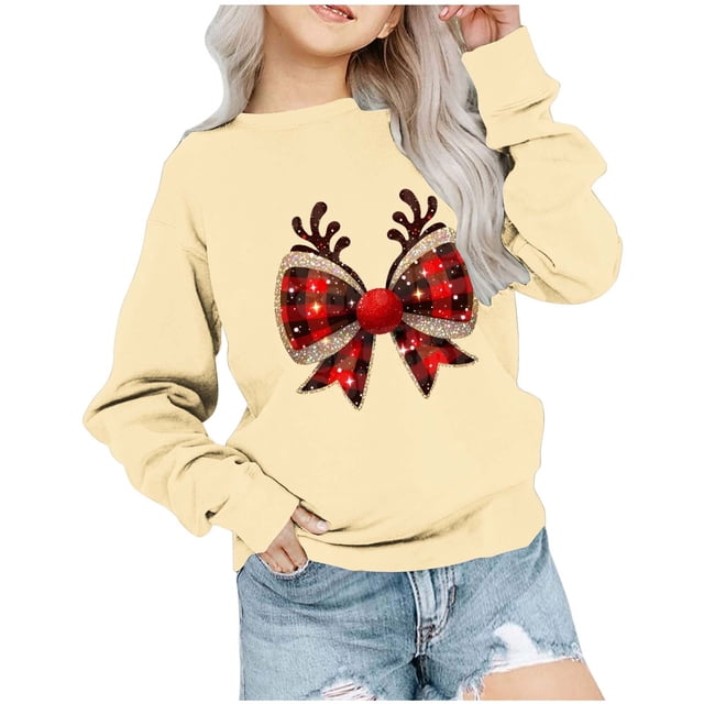 Chemises de Noël Garçons Filles à Carreaux Nœud Papillon Chandails en Molleton Graphiques Col Rond Manches Longues (9-10 Ans, Kaki)