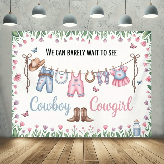 Cute Western Gender Reveal Backdrop We Can Barely Wait to See Photography Background Boots Hats Butterfly Cowboy or Cowgirl Baby Shower Party Decorations Banner Supplies Photo Booth Props