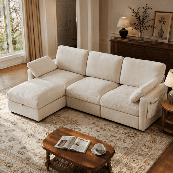 Kavelon Modular Sectional Couch Chenille Fabric Upholstery Washable Sofa with Side Pocket Comfort Seating Cloud Couches for Livingroom