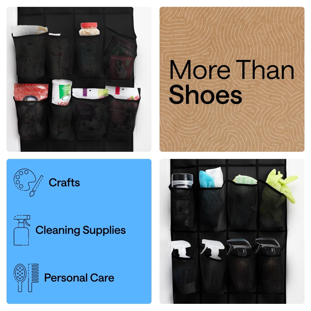 GORILLA GRIP 24 Pocket Over the Door Shoe Organizer, 2 Pack, Mesh Pockets, Up to 40 Pounds, Hang on Doors, Black