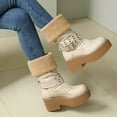 thumbnail image 2 of Women's Platform Mid Calf Boots Buckle Strap Fleece Lined Fold Over Boots Wide Toe Box Slip On Knee High Booties White 8.5, 2 of 8