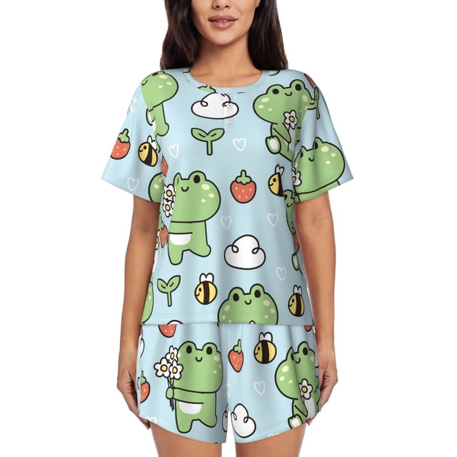 Balery Cute Floral Frog Conjunto de Pijama para Mujer con Estampado, Dos Piezas de Manga Corta y Shorts, Ropa de Dormir Suave con Cuello Redondo y Bolsillos-3X-Large