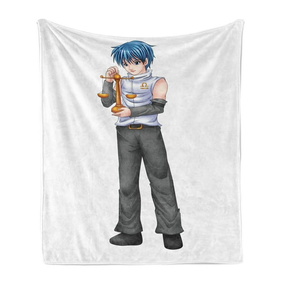 Anime Soft Flannel Fleece Throw Blanket, Manga Style Illustration of a Zodiac Libra as a Teenage Boy Astrology Theme, Cozy Plush for Indoor and Outdoor Use, 50" x 60", Multicolor, by Ambesonne