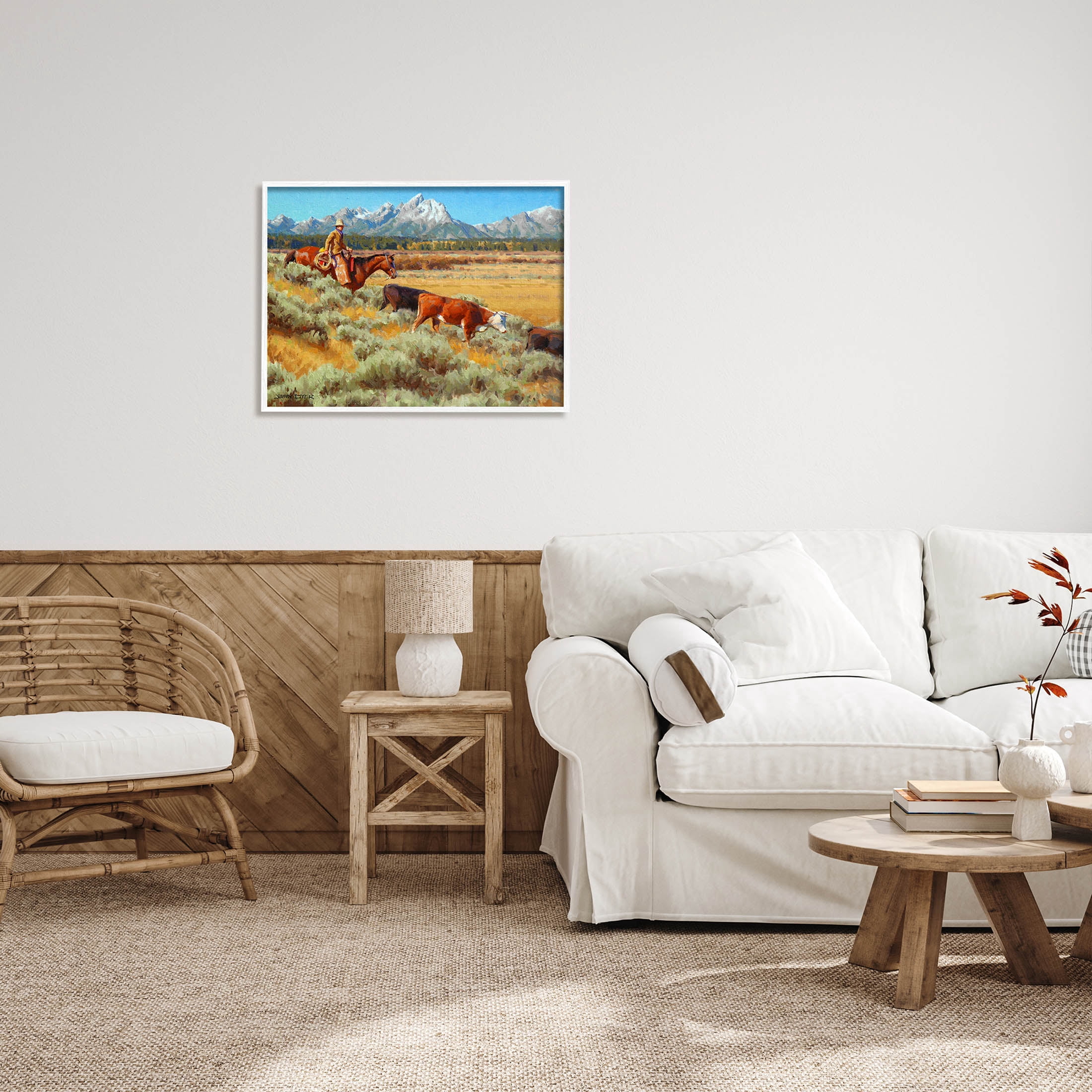 Western Ranch Horse Cattle Animals & Insects Painting White Framed Art Print Wall Art