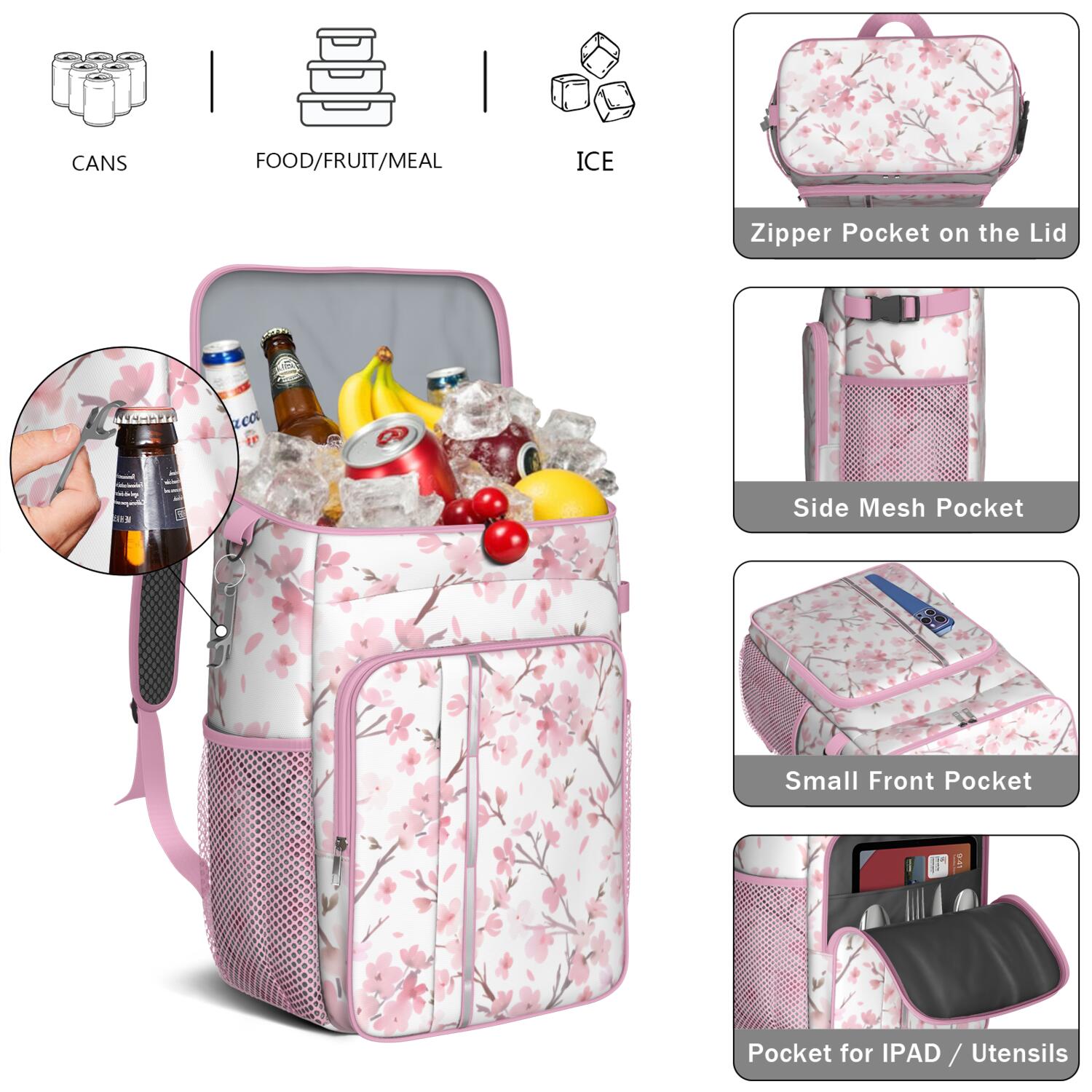 Travel Cooler Bag - Pioneer Flower Floral Print Pattern Camping Beer Cooler Backpack with Bottle Opener- Waterproof Insulated Picnic Backpacks - Cooler Bag for Beach