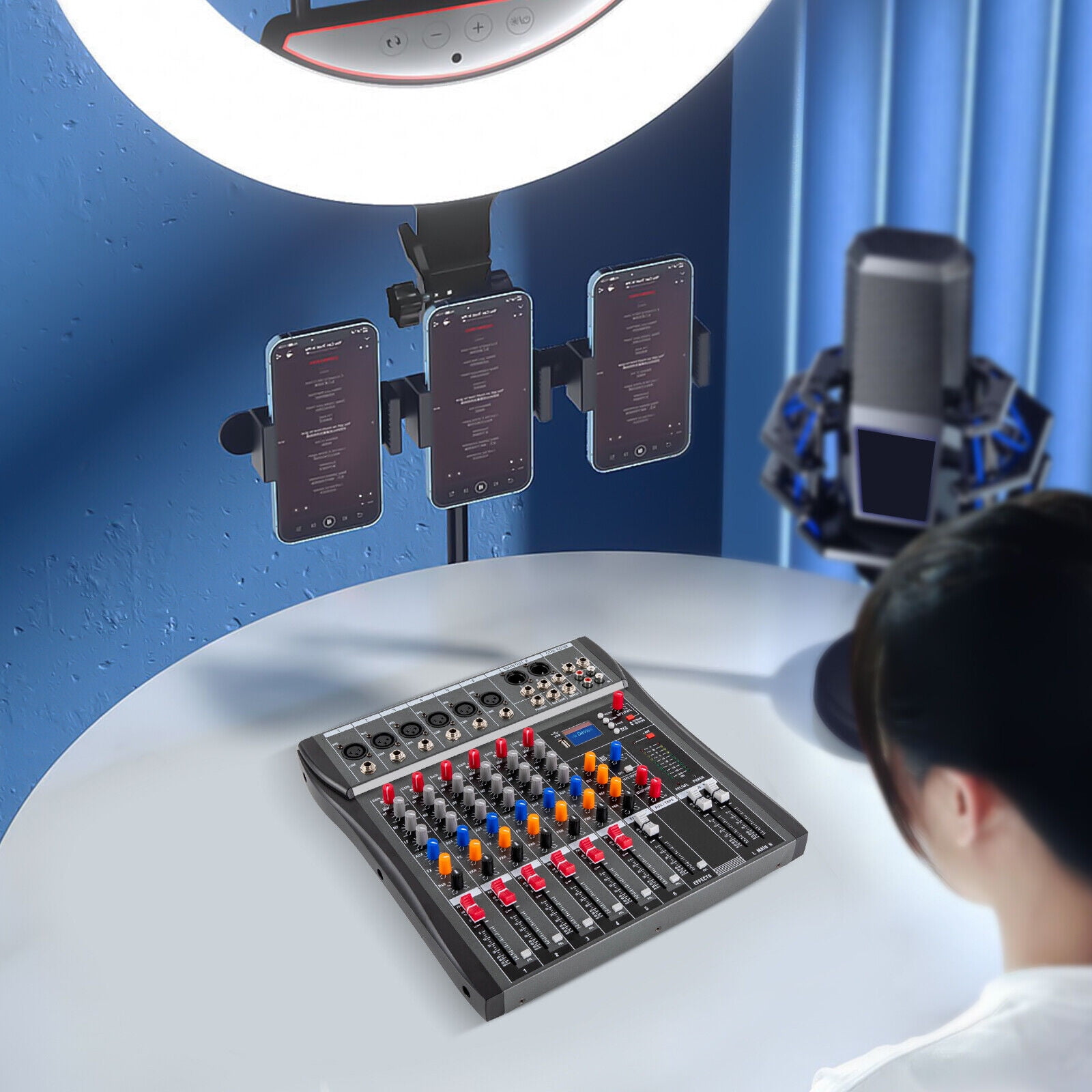Professional Digital 6-Channel Audio Mixer with Bluetooth, 48V Phantom Power, Built-in Music Modes, and LCD Display