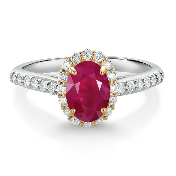 Gem Stone King 10K White Gold Red Ruby White White Lab Grown Diamond Halo Engagement Ring for Women (1.31 Cttw, Oval 7X5MM, Gemstone July Birthstone, Size 5)