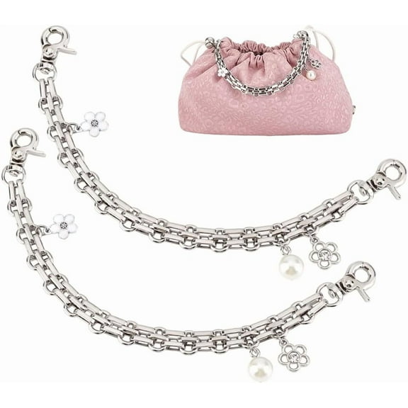 PH 2pcs Bag Charm Chain 10 inch Metal Purse Chain with Flower Pearl Pendants Purse Charms Platinum Bag Strap Handle Chains for Handbag Wallet Crossbody Shoulder Bags Underarm Bags Gray