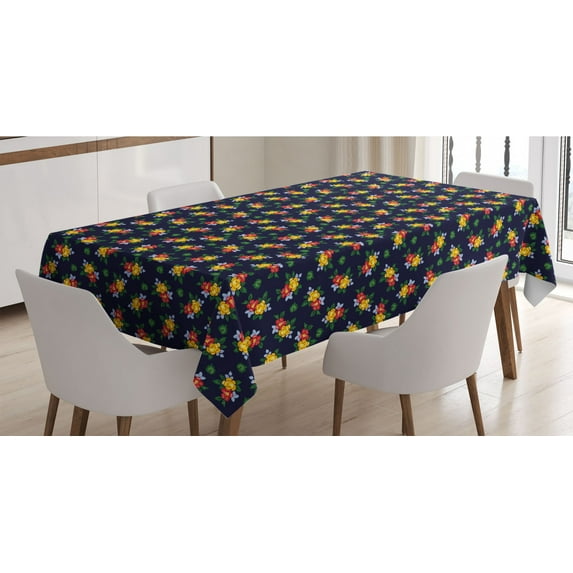 Floral Vintage Tablecloth, Garden Bouquets Flower Petals Leaves Summer Essence Retro Design, Rectangle Satin Table Cover for Dining Room and Kitchen, 52" X 70", Indigo and Multicolor, by Ambesonne