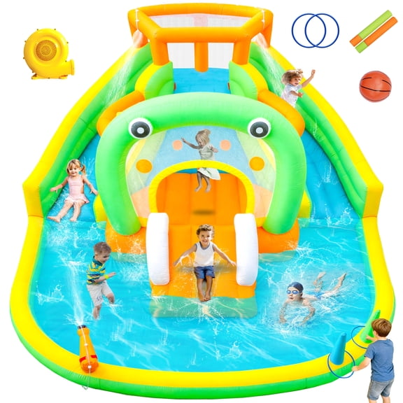 WELLFUNTIME Inflatable Bounce House Water Slide for 4 Kids, Water Park with Blower, Splashing Pool for Backyard