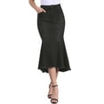 thumbnail image 1 of Falda midi casual de mujer de mezclilla con cola de pez, cintura alta, dobladillo sin terminar y bolsillos, color negro, 1 of 6