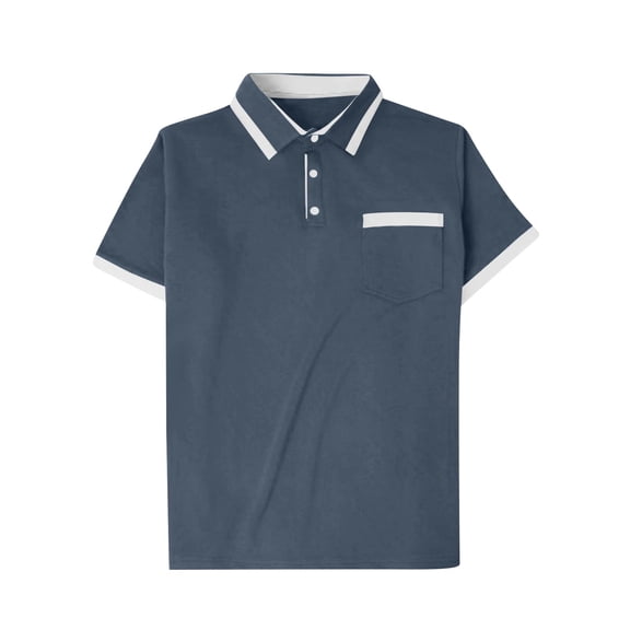 LWavelet Men's Short Sleeve Polo Shirt, Contrast Trim Collared Top with Chest Pocket for Casual & Workwear Gray M