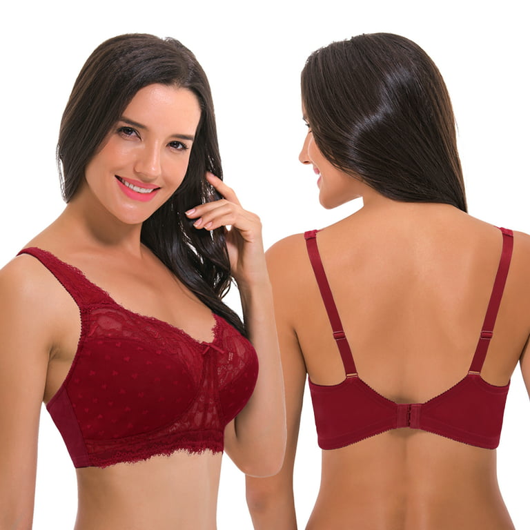 Curve Muse Women's Plus Size Minimizer Lace Full Coverage Unlined Wireless  Bra-2Pack-Red,Black