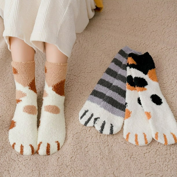 Women Winter Socks Cute Cat Paw Print Thick Warm Fluffy Fleeces