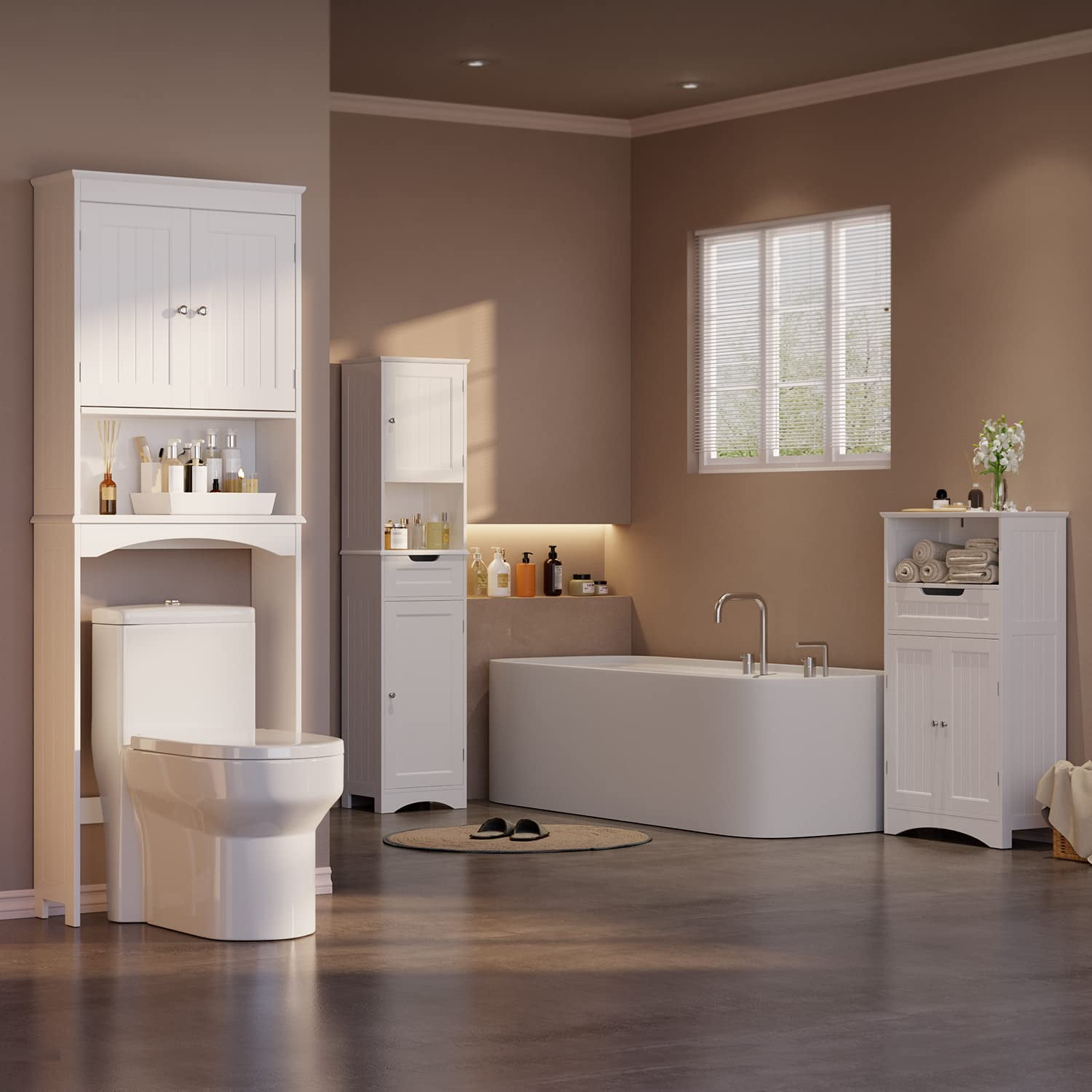 Over the Toilet Storage Cabinet - White Bathroom Shelf Organizer with Adjustable Shelf, Anti-Tip Device, Space-Saving Freestanding Design