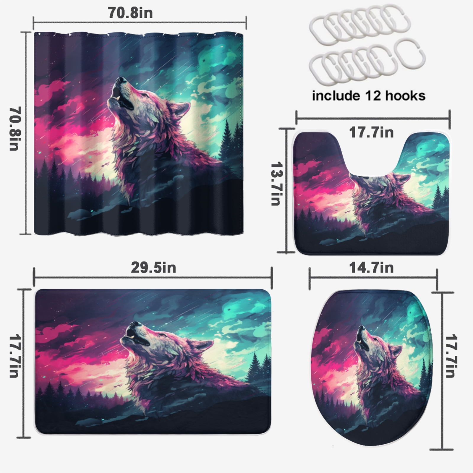 Wolf 4 Pcs Shower Curtain Set Wild Animals Galaxy Starry Forest Night Sky Waterproof Fabric Cloth Bath Curtain, Non-Slip Bathroom Rugs Bath Mats, 72x72 Inch
