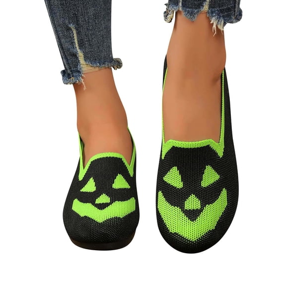 CHUMUD Women Halloween Pumpkin Shoes Ghost Pattern Loafers Soft Comfortable Knitted Slip on Flats Cute Spooky