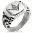 thumbnail image 1 of Stainless Steel Freemasons Masonic Eye of Providence CZ Ribbed Needle Stripe Pattern Biker Style Polished Ring, 1 of 1