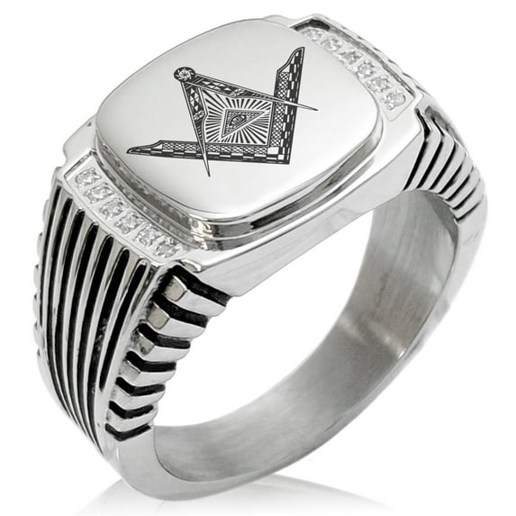 Stainless Steel Freemasons Masonic Eye of Providence CZ Ribbed Needle Stripe Pattern Biker Style Polished Ring