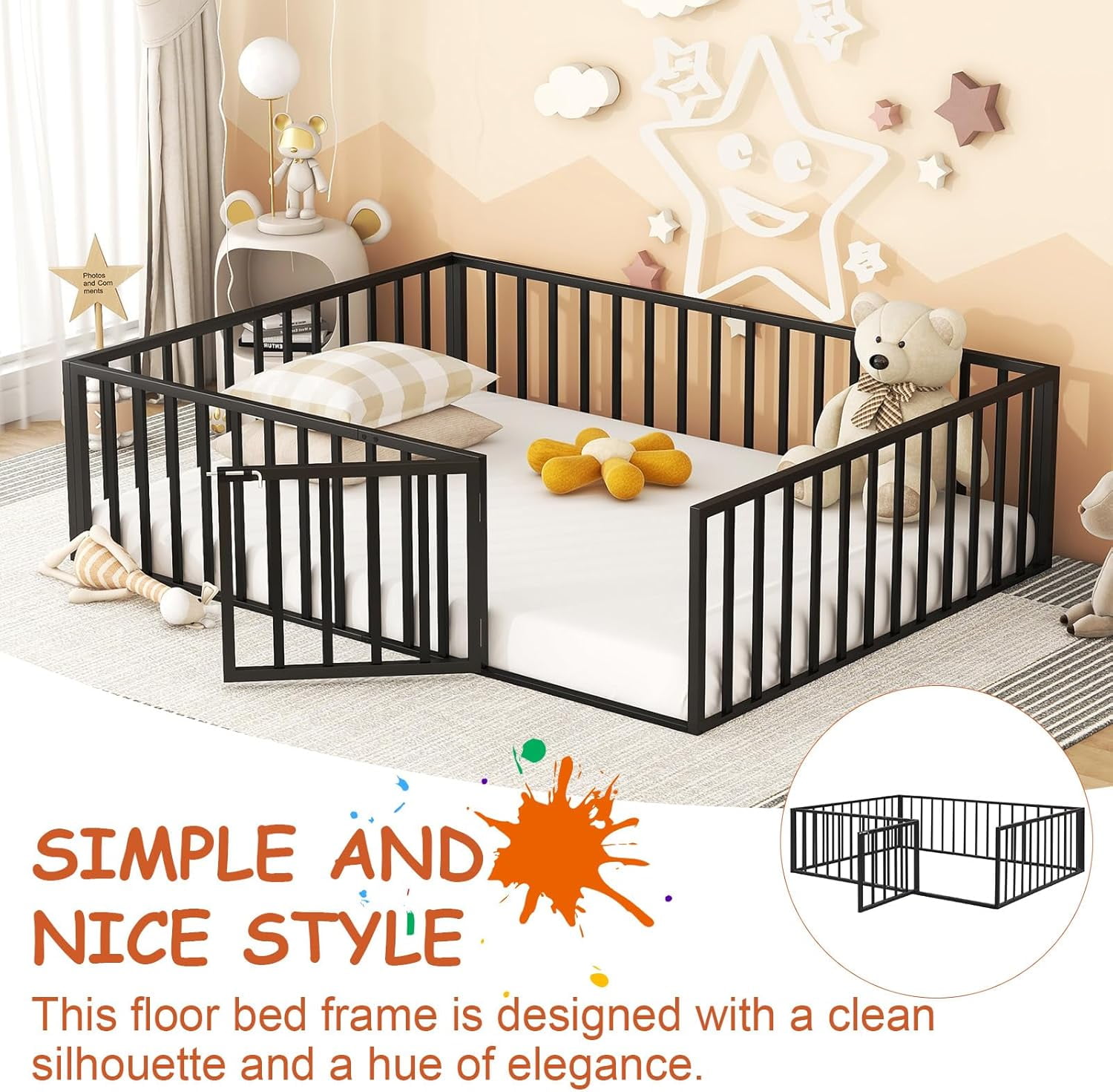 DreamBuck Queen Floor Bed Frame Metal Montessori Floor Bed with Rails and Door, Queen Size Bed Frame with Fence-Shaped Guardrails, Modern Queen Floor Beds for Boys, Girls, Easy Assembly