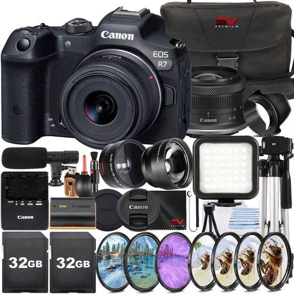 Canon EOS R7 Mirrorless Camera with RF-S 18-45mm Lens   2 Pack SanDisk 32GB Memory Card   Case   LED Flash   SV Premium Accessory Bundle (International Version)