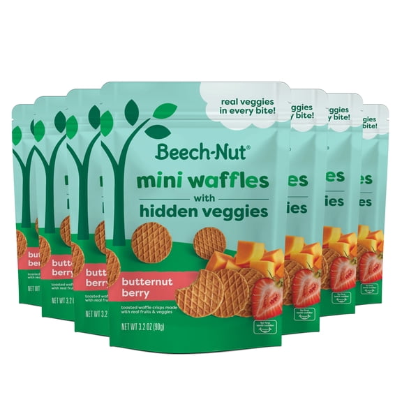 Beech-Nut Mini Waffles with Hidden Veggies Toddler Snack, Butternut Berry, 3.2 oz Bag (7 pack)