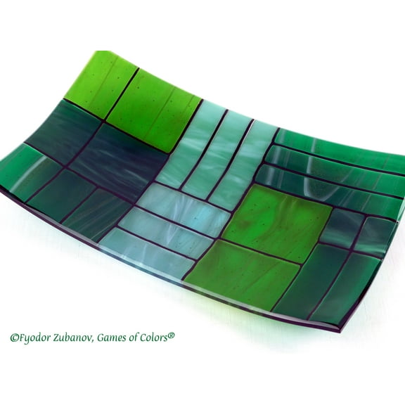 A rectangular fused glass plate "A Gentle color mix - Greens"
