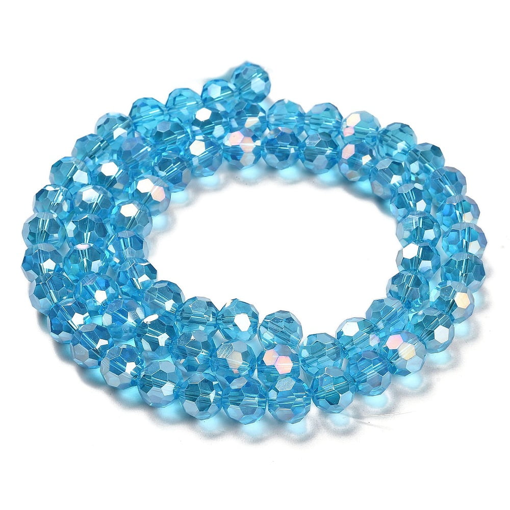 Transparent Glass Beads 32 Facets AB Color Plated Round Deep Sky Blue 10x8.5~9mm Hole: 1.6mm about 67pcs/strand 23.62''(60cm)