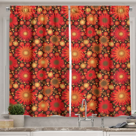 Ambesonne Floral Kitchen Curtains, Vivid Botanical Gerbera Art, 55"x39", Dark Green Vermilion