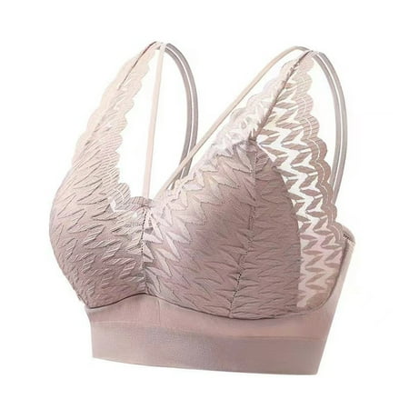 V Plunge Lace Bras for Women No Underwire Unlined Full Coverage Push Up See Through Comfort Wireless Adjustable Strap Bra Khaki 40C