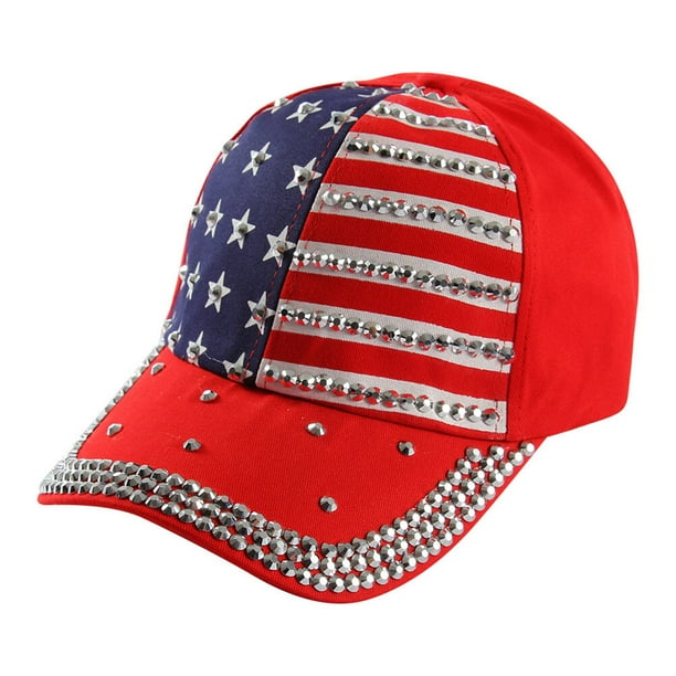 EeaseMX Gorra de béisbol con bandera estadounidense y patriotismo, con brillantes diamantes de imitación, para mujer (roja)