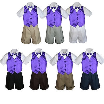 

4pc Set Boy Toddler Formal Purple Vest and Bow tie White Black Khaki Shorts S-4T