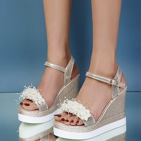 

uikmnh Women Shoes Spring And Summer Fashion Women Sandals Wedge High Heel Buckle Strap Pearl Platform Shoes Gold 8