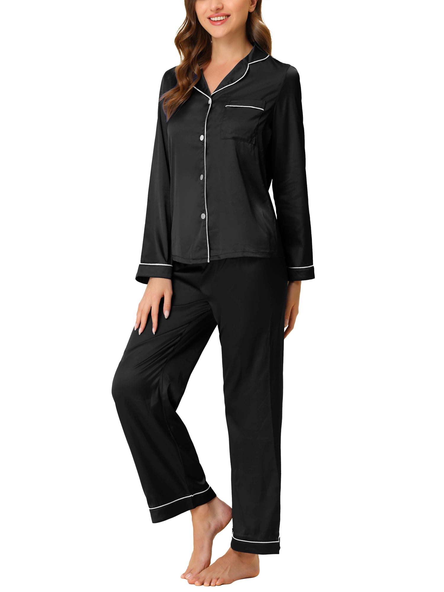 Unique Bargains Women's Pajama Loungewear Long Sleeves Tops and Pants Satin Sleepwear Sets