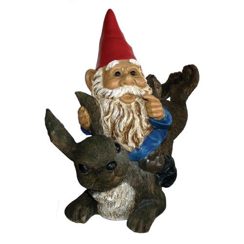 Michael Carr Garrold Gnome on Rabbit Statue by Michael Carr Designs