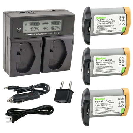 Kastar 3 Pack Fully Decode LP-E19 Battery and LCD Dual Fast Charger Replacement for Canon Canon LP-E19 LP-E19N LP-E4 LP-E4N US 5751B002 Camera Battery Canon LC-E4 LC-E4N LC-E19 LC-E19N Charger