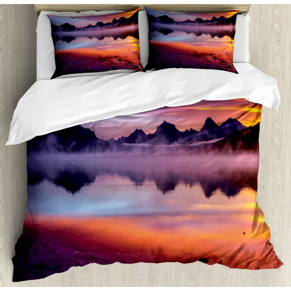 Glacier National Park Duvet Cover Set, Inland Body of Water with a Misty Weather and Sunset, Decorative 3 Piece Bedding Set with 2 Pillow Shams, King Size, Salmon Mauve, by Ambesonne