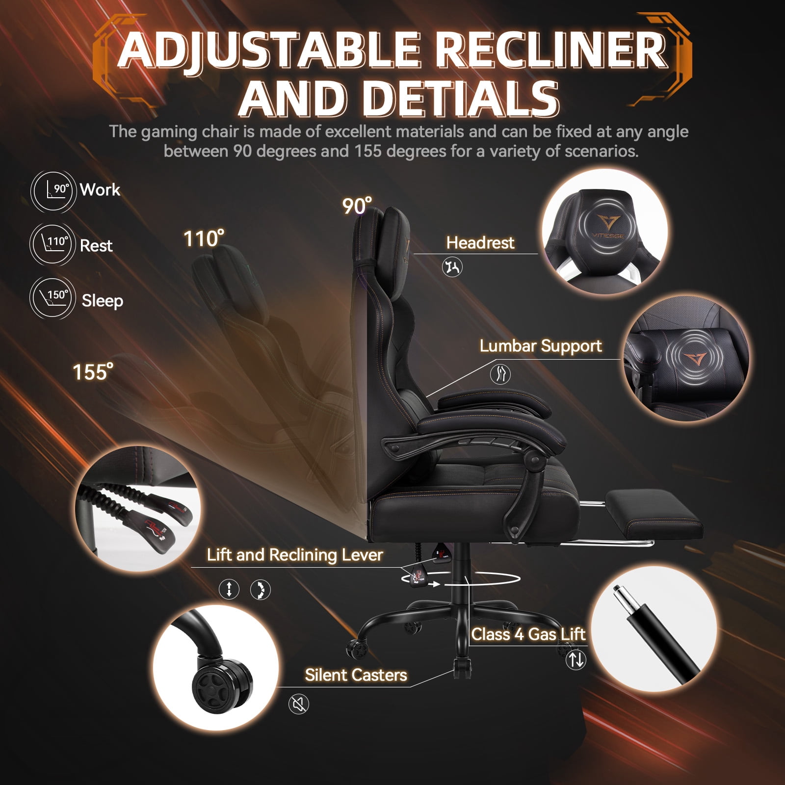 Waleaf Gaming Chair Ergonomic Office Chair with Footrest and Lumbar Support, Height Adjustable High Back Gamer Chair with Headrest for Adult