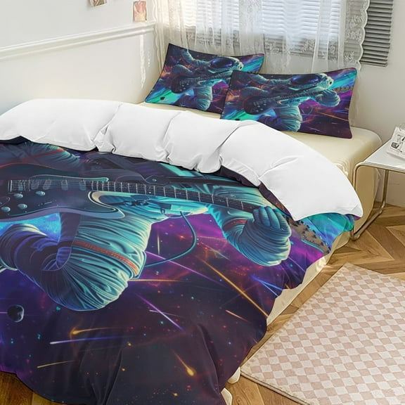 Astronauts Play Guitar in Space Duvet Cover Set Pattern Soft Bedding Set Comforter Cover Set(1 Duvet Cover   2 Pillowcases)
