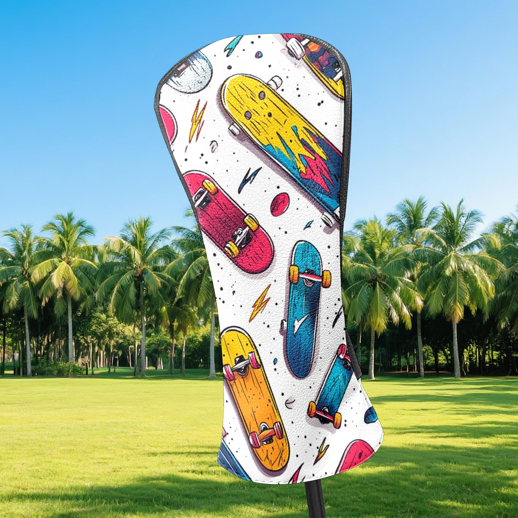 Golf Head Covers Skateboard Pattern for Driver, Wood & Hybrid, Premium Waterproof PU Leather with Plush Lining, Cool Sports Golf Gifts