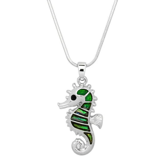 Seahorse Abalone Shell Pendant Necklace Rhodium Plated 17 Inch Snake Chain J0759