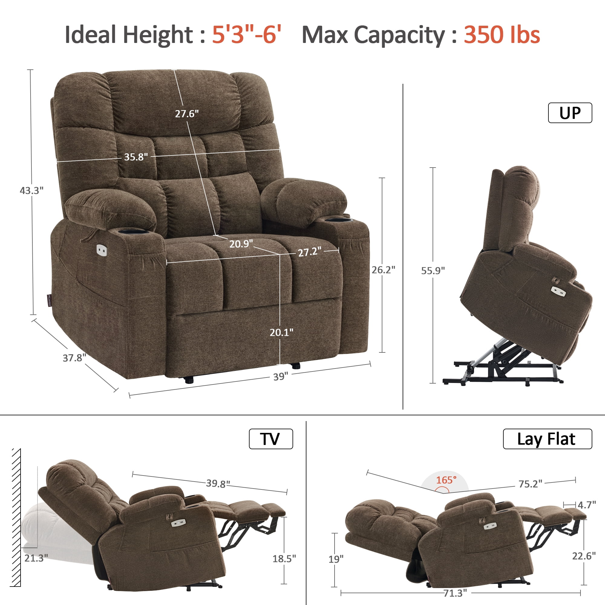 MCombo 27.2" Extra Wide Dual Motor Lift Chair, Dual Zone Heat, Infinite Position Recliner for Elderly, Brown Fabric