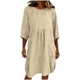 thumbnail image 2 of FEIIBMOYRIA Women Round Neck Dresses Women's Cotton-Linen Blend Long Sleeve Midi Dresses Gathered 3/4 Sleeves High Waist Loose Comfy A‑Line Daily Outwear Dresses, 2 of 6