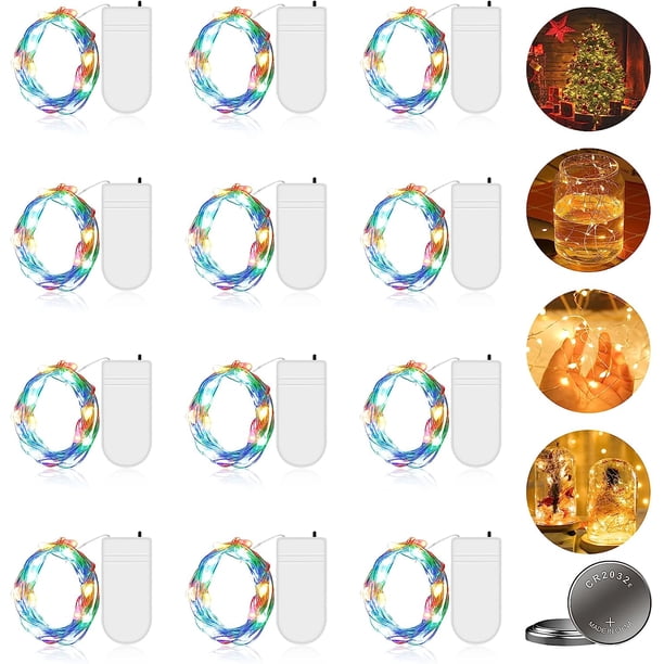 Guirnalda de luces LED a pilas - 12 piezas 2M 20LED Micro luces de hadas Alambre de cobre IP65 Guirnalda LED decorativa impermeable para interior, Navidad, exterior, fiesta, boda, multicolor brillar Electrónica