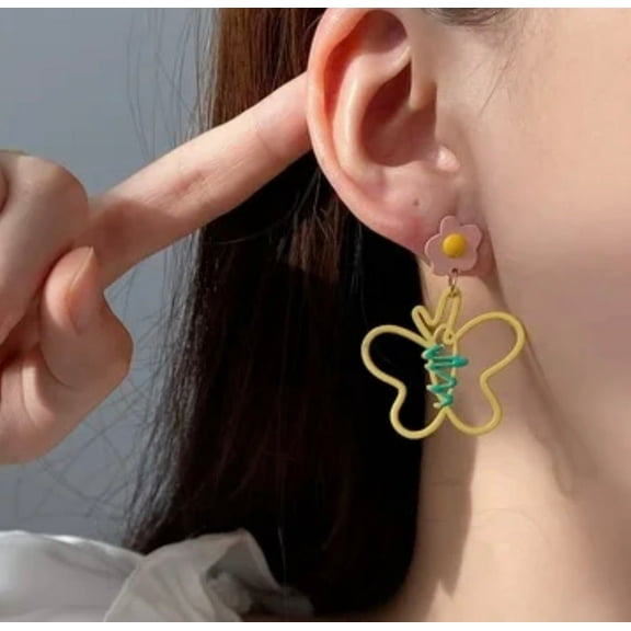 Fun clip on 2" pink, yellow, and green dangle flower and butterfly earrings