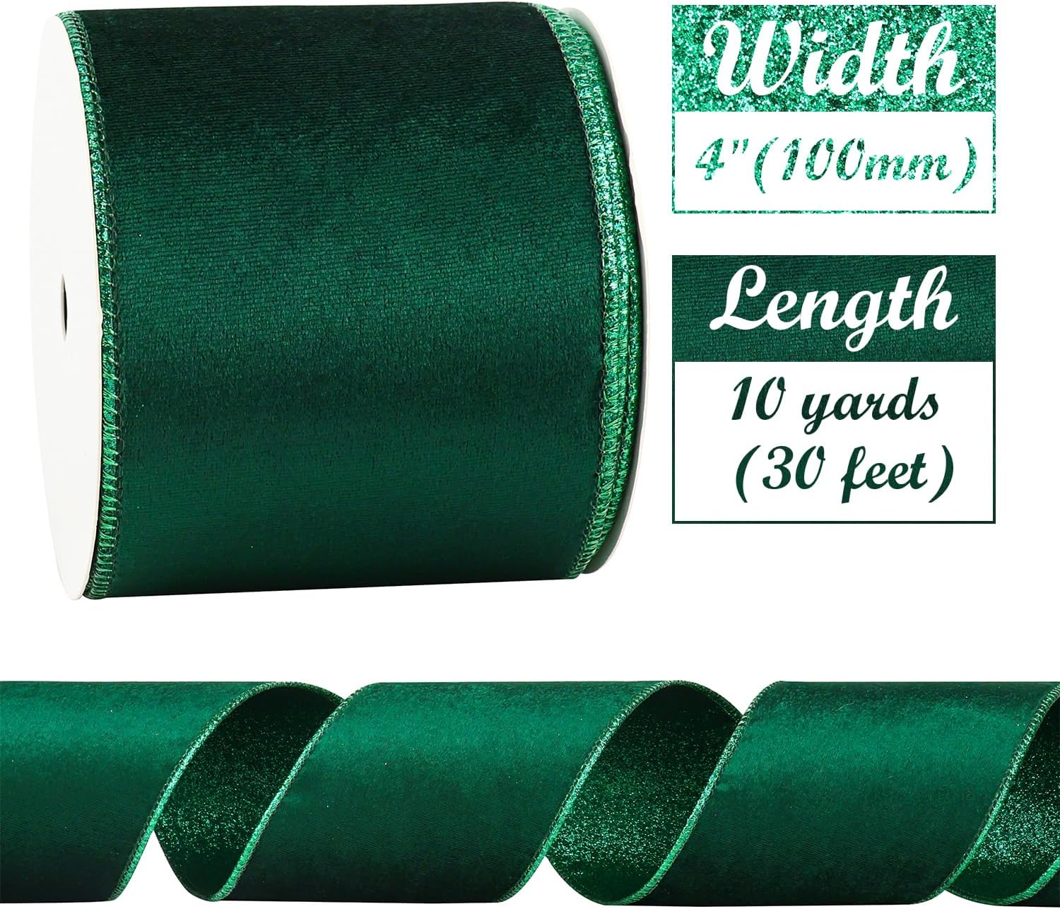 Velvet Wired Ribbon 4 Inch Forest Green Christmas Tree Double-Sided Glitter Wire for Wreaths, Tree Top Bows, Garland, Staircases, Decor Crafts - 10 Yards
