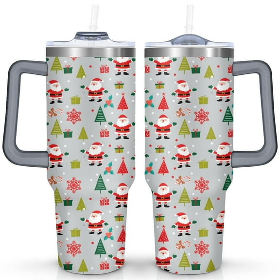 Santa Claus Christmas Tree 40 Oz Tumbler with Handle Lid and Straw Stainless Steel Double Walled Vacuum Insulated Cup Merry Christmas Gifts Tumbler for Women Men Friends Outdoor Indoor