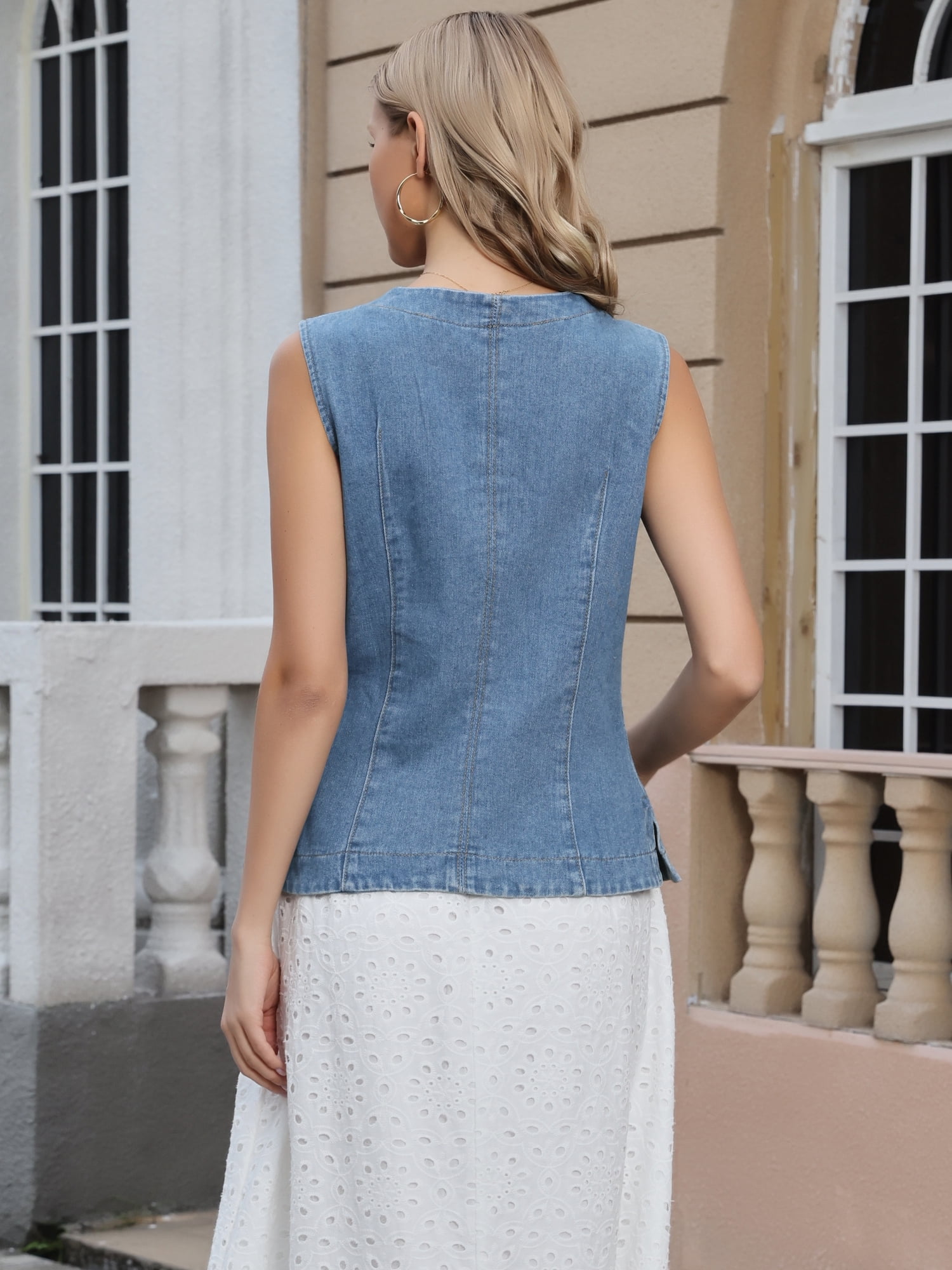 DARING DIVA Women's Collarless Button Down Sleeveless Denim Vest Top S Blue