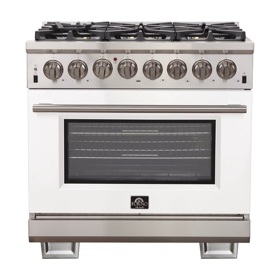 Forno Capriasca 36-Inch Freestanding Dual Fuel Range, 6 Burners, True Convection Oven, White Door